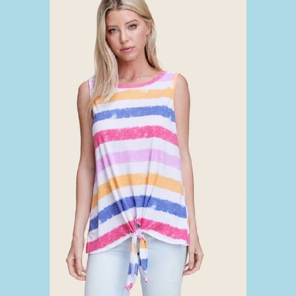 IVORY MULTI STRIPE TIE HEM SLEEVELESS TANK TOP - Picture 2 of 3